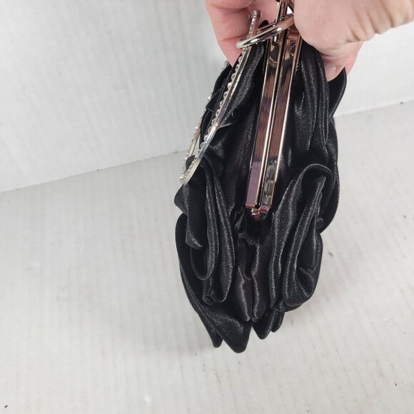 Black Satin Rose Classic Elegant Rhinestone Silver Handle Triangle Clutch Purse - Picture 4 of 8